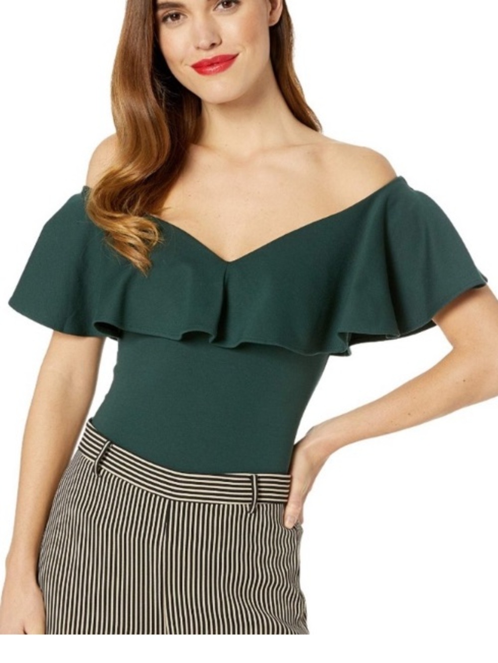 1950s emerald green off shoulder ruffle frenchie knit top